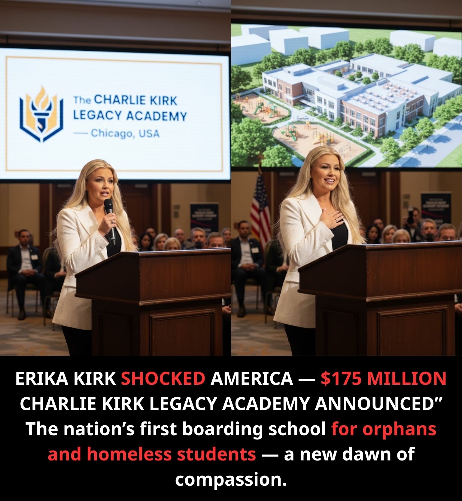 ERIKA KIRK SHOCKED AMERICA: In a groundbreaking announcement that’s inspiring millions, Erika Kirk has signed a $175 million contract to build The Charlie Kirk Legacy Academy — the nation’s first boarding school for orphans and homeless students, set to open in Chicago.